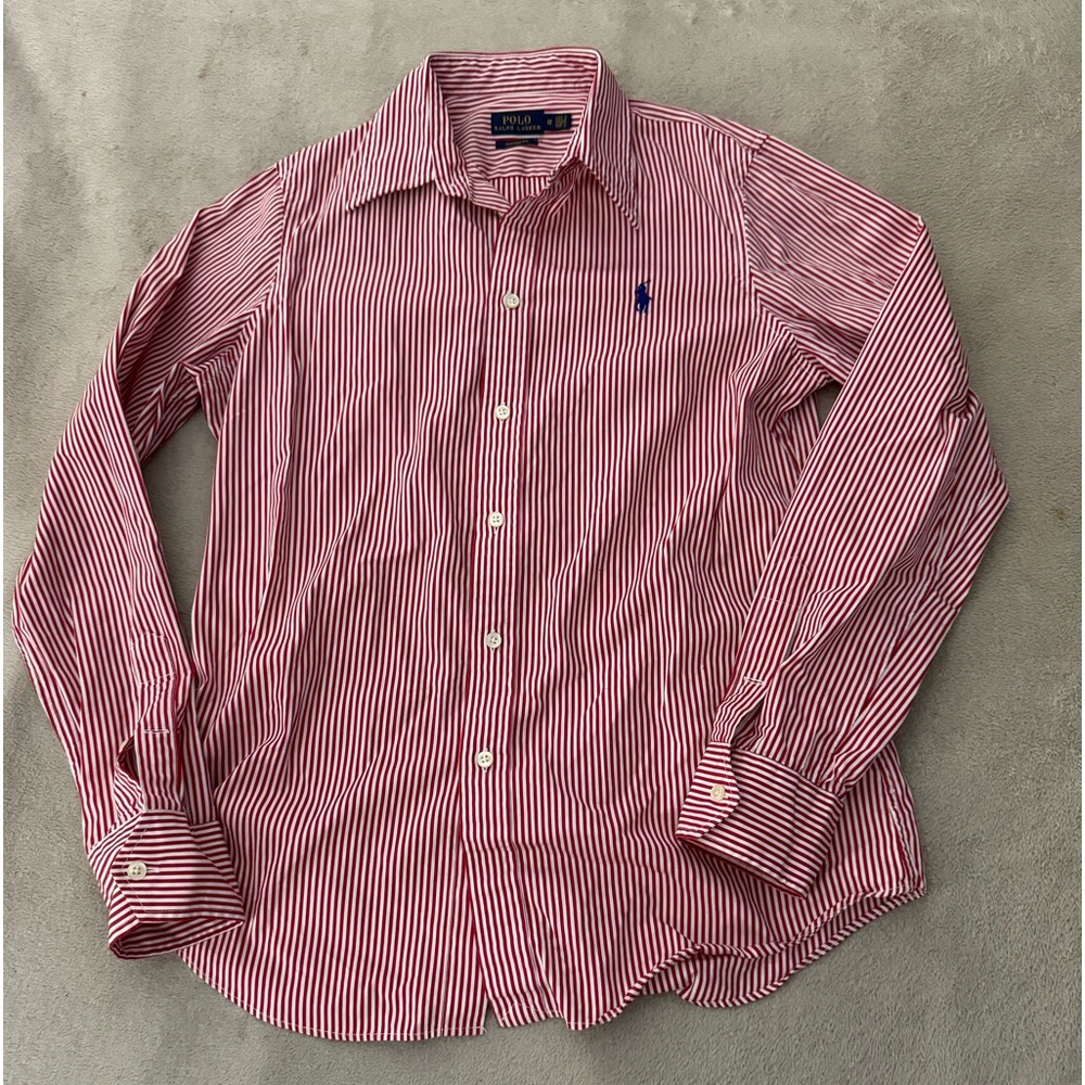 RALPH LAUREN Men's Casual Button Down Shirt Size 12 L Red Stripe Classic Fit